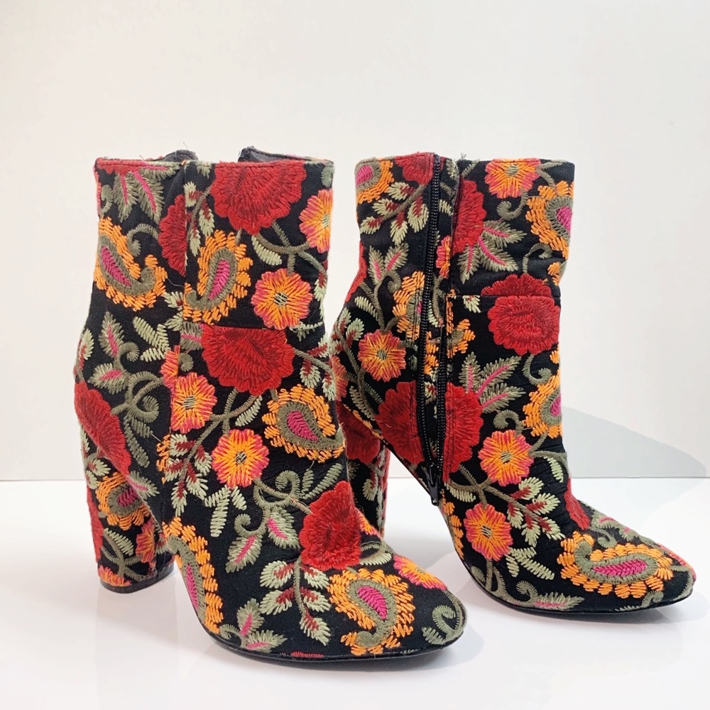 JustFab Marguerite Floral Embroidered Bootie